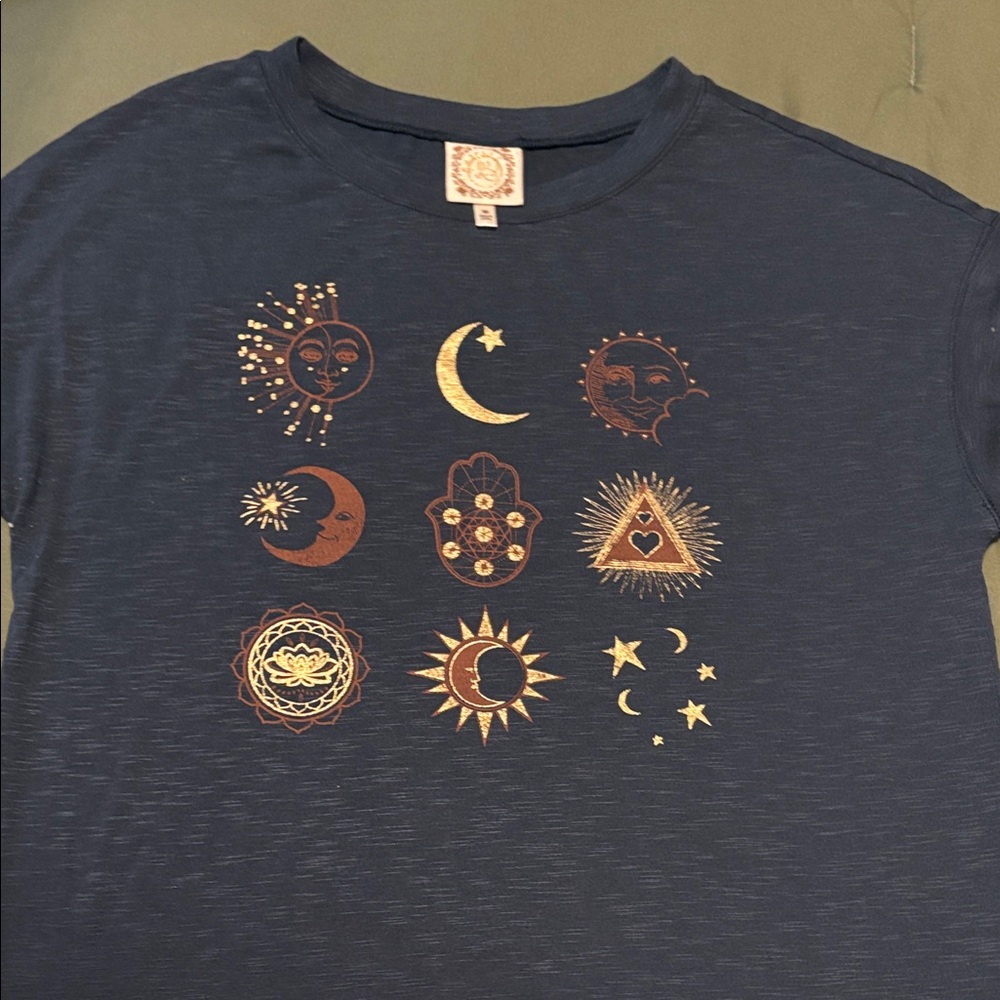 Navy Short-Sleeve Celestial Graphic Tee with Metallic Accents